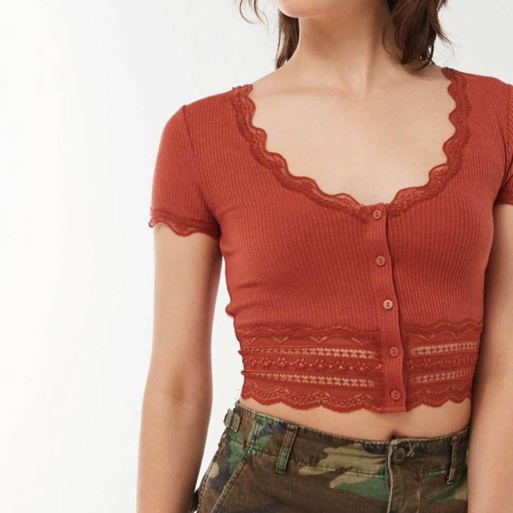 UO Darcy Lace Trim Button Up Crop Top
